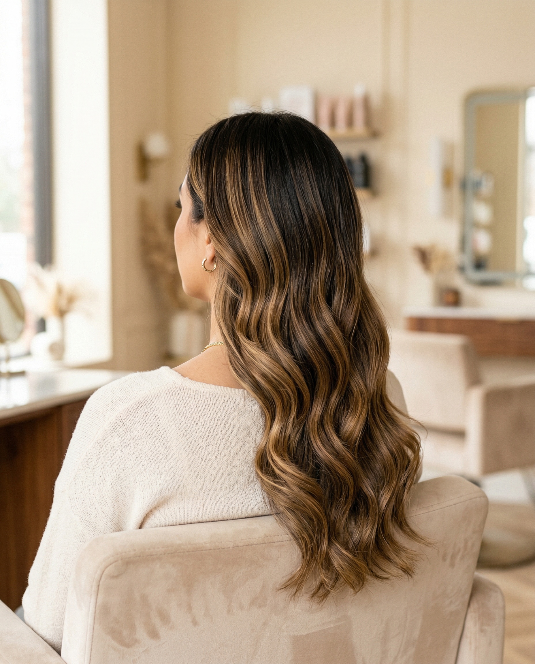 Beautiful balayage result — warm honey and caramel tones through dark brown hair