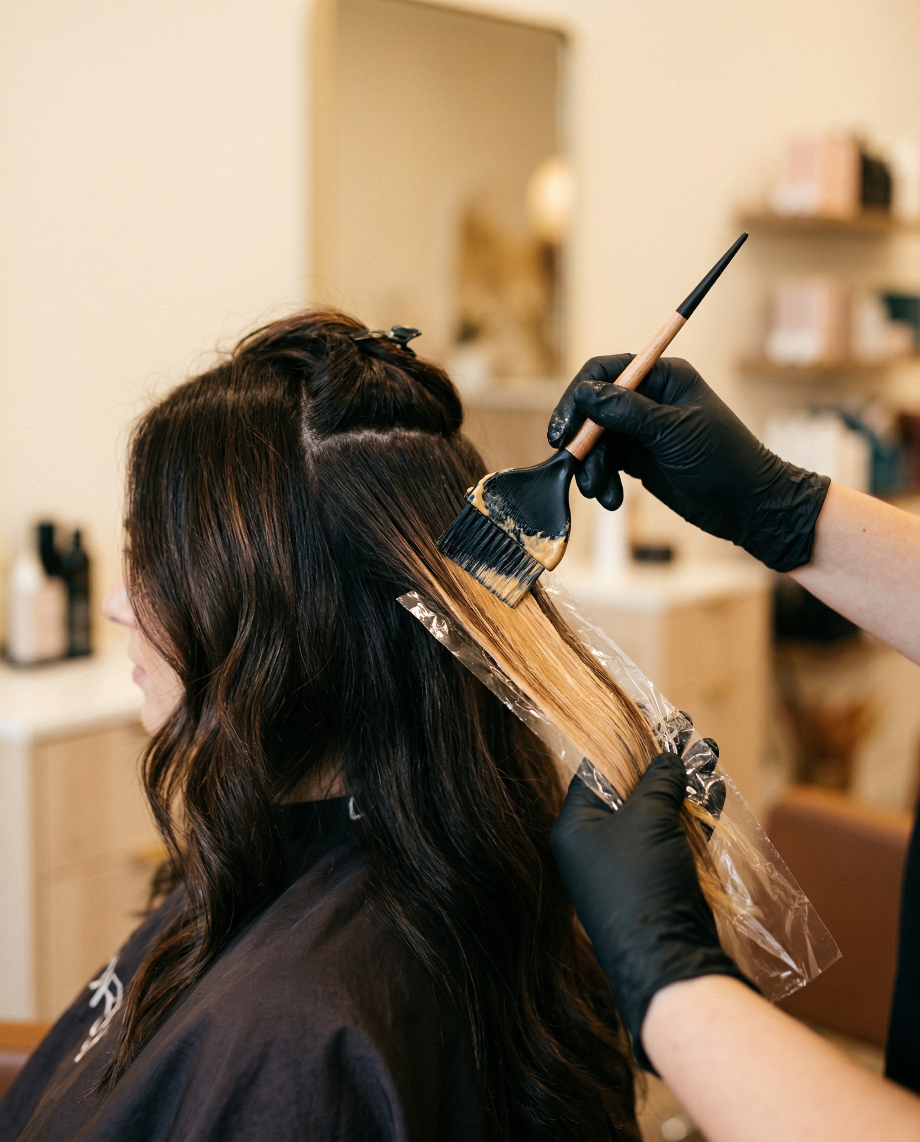 Stylist applying balayage color technique — warm honey-blonde highlights on dark hair