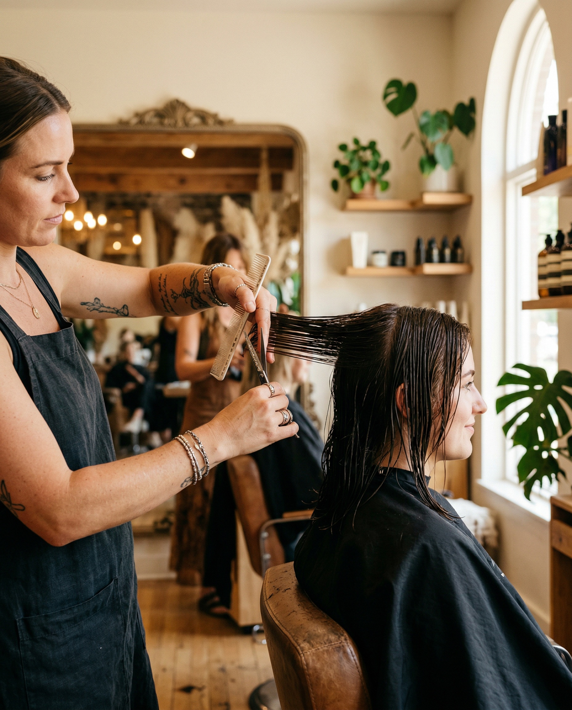 Stylist cutting hair with precision in a warm salon setting