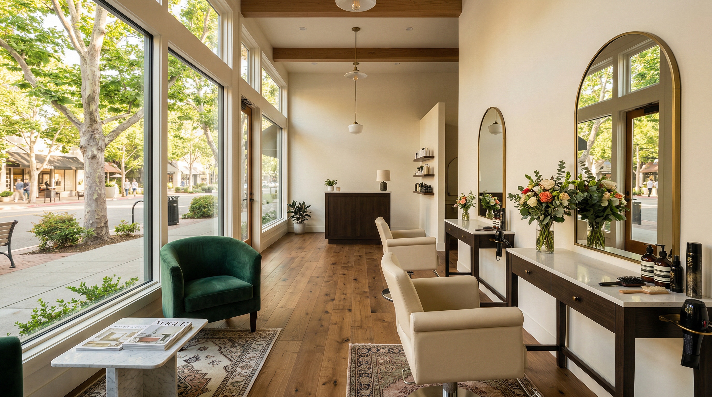 Interior of Salon Millennium on California Ave, Palo Alto — warm lighting and elegant styling stations