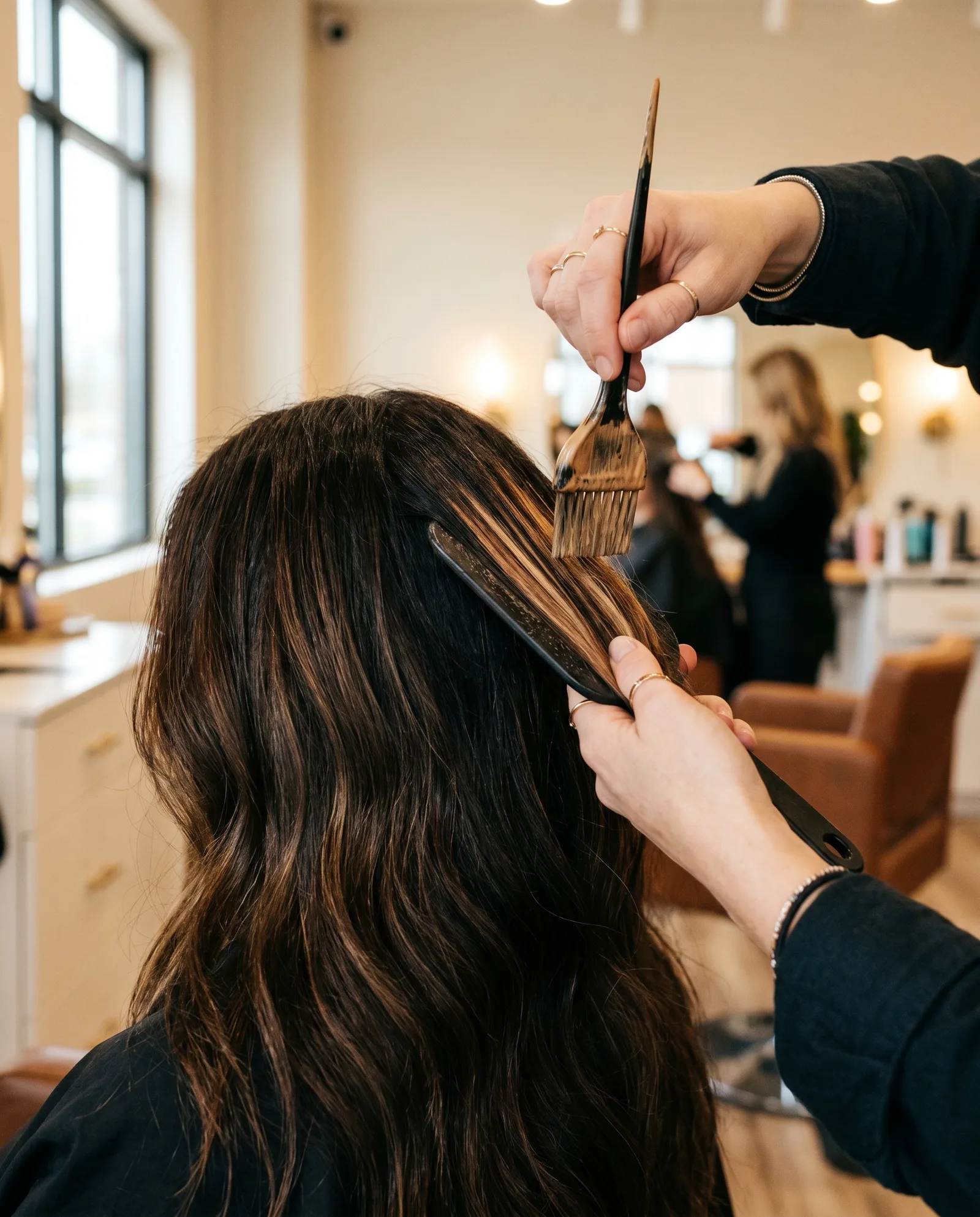 Stylist hand-painting balayage highlights through long dark hair in a warm Palo Alto salon
