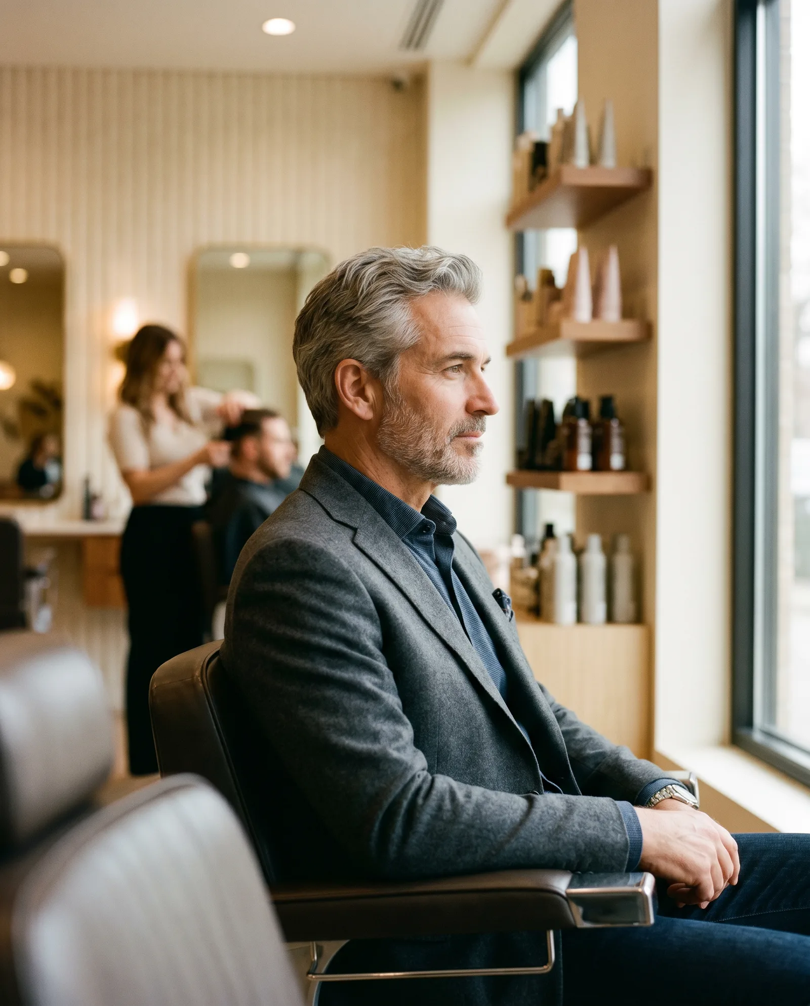 Distinguished man with naturally softened salt-and-pepper hair in a warm Palo Alto salon