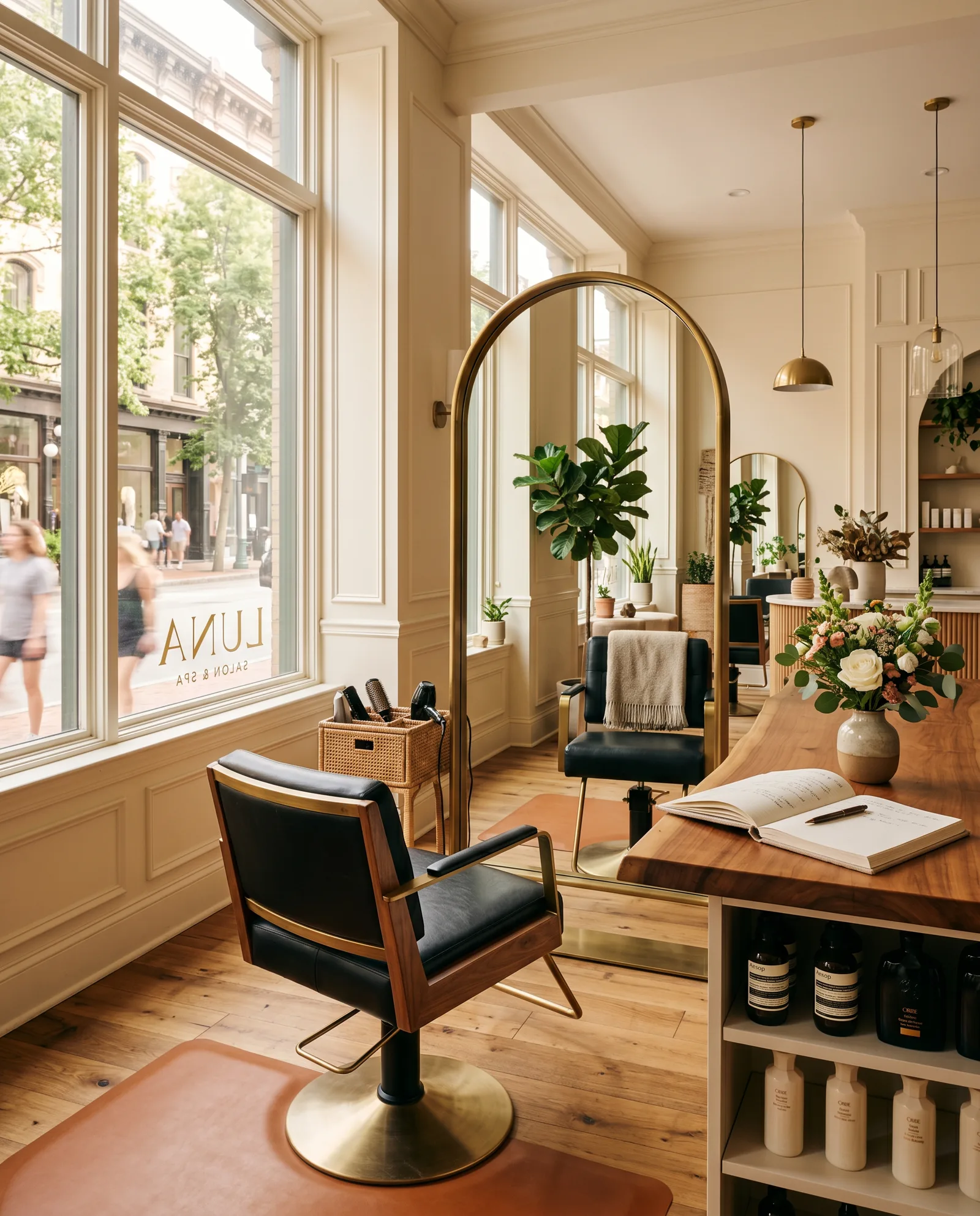 Stylist and client in conversation at a styling station in a warm Palo Alto salon