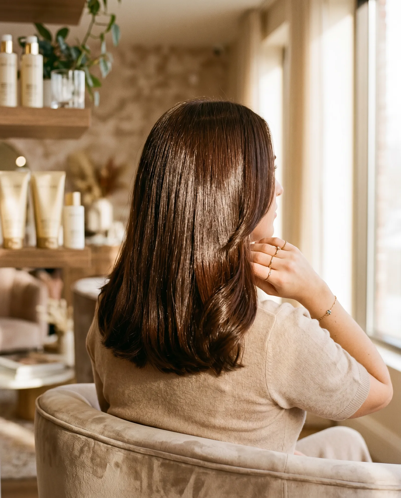 Glossy, freshly colored brunette hair catching warm light in a Palo Alto salon