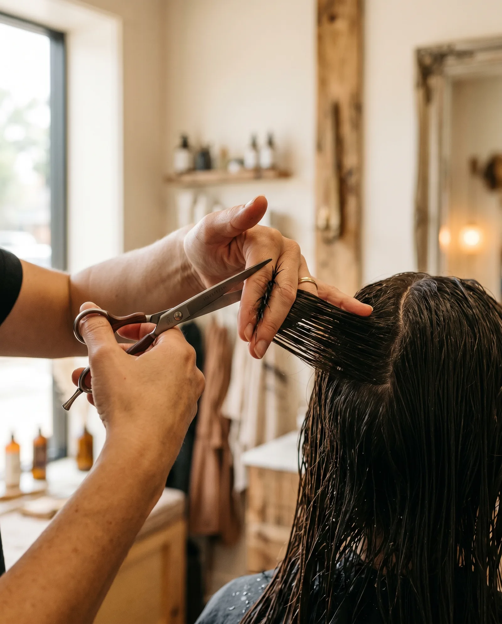 Stylist's hands cutting long hair with precision shears in a Palo Alto salon